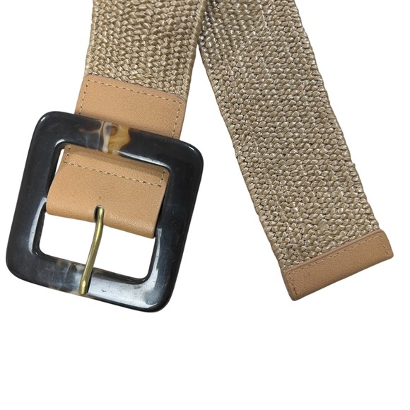 Woven Straw Belt Large Tortoise Square Buckle Tan Gold Plus Size 22-24 Trendy - Picture 4 of 8